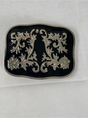 Vintage Style Black Enamel Floral Belt Buckle Silver Tone Western Boho